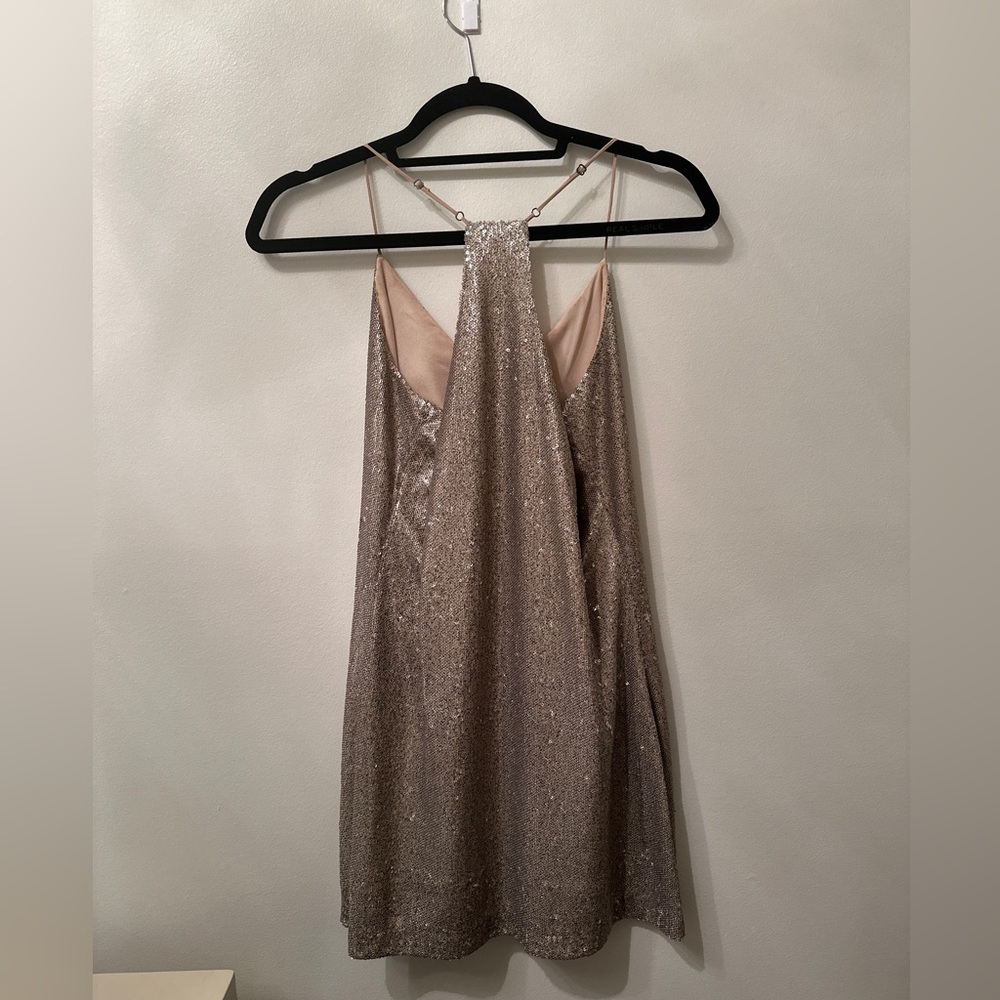 Lavender Brown gold sequin dress.